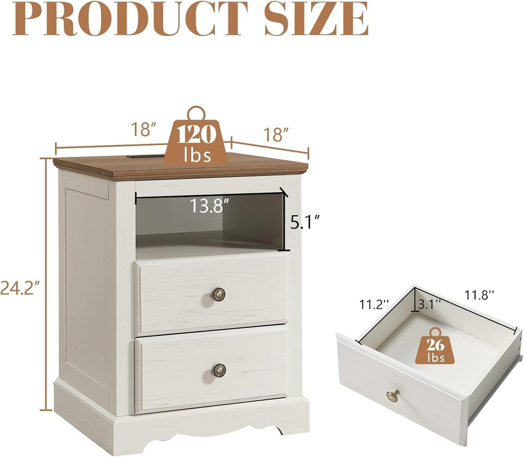 AMERLIFE Farmhouse Bedroom Furniture Set, Includes 2 Nightstands with Charging Station and 1 Full Wood Platform Bed Frame with Storage Drawers, Farmhouse Furniture for Bedroom, Rustic White