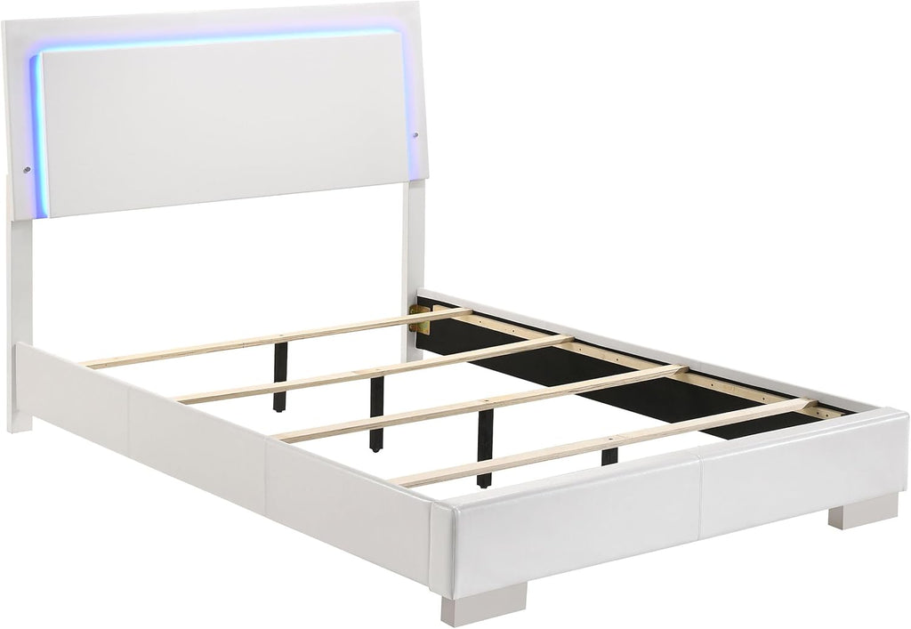 Coaster Home Furnishings Felicity Contemporary 4-Piece Bedroom Set Full Size LED Panel Bed Frame 49-inch Headboard White High Gloss 203500F-S4