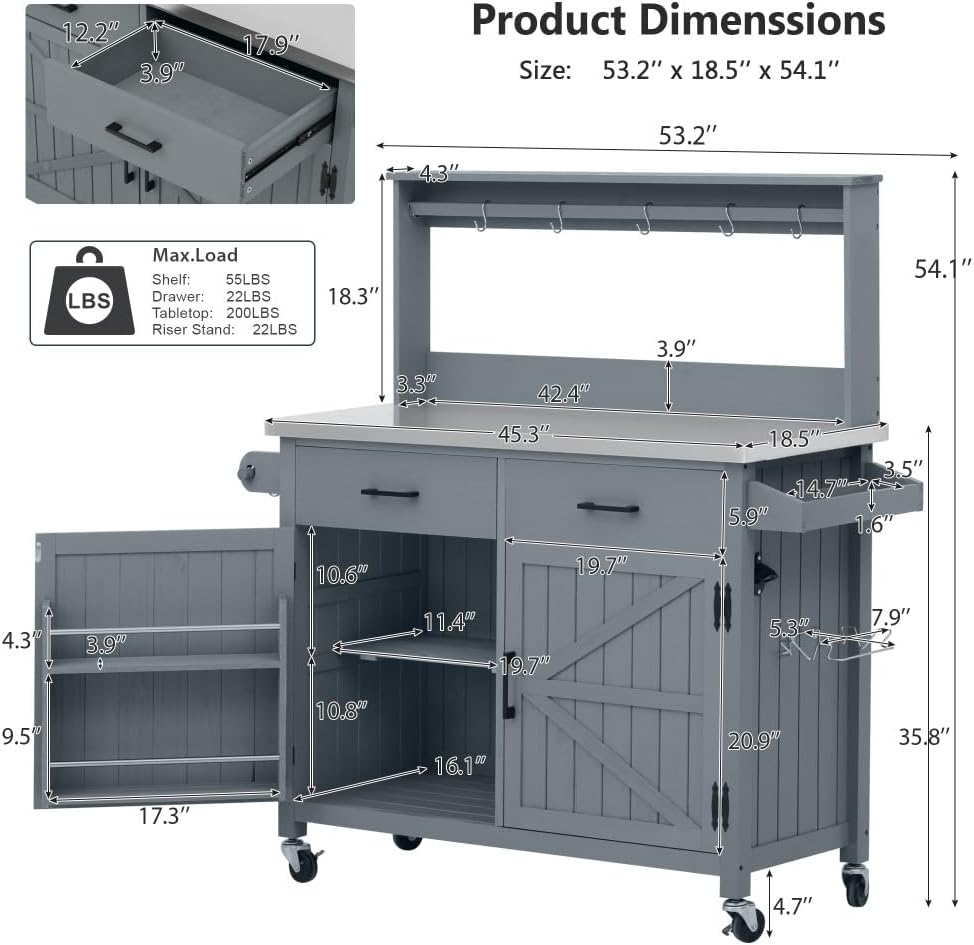 53.2' Outdoor Grill Cart with High Shelf, Large Kitchen Island with Stainless Steel Top, Storage Cabinets & Lockable Wheels, Mobile Potting Bench Table for BBQ & Garden (Grey+Blue)