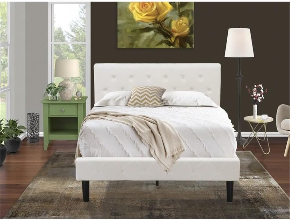 East West Furniture NL19F-1GA12 2 Piece Bedroom Set - Full Size Button Tufted Bed - Linen white Velvet Fabric Upholstered Headboard and a Clover Green Finish Nightstand