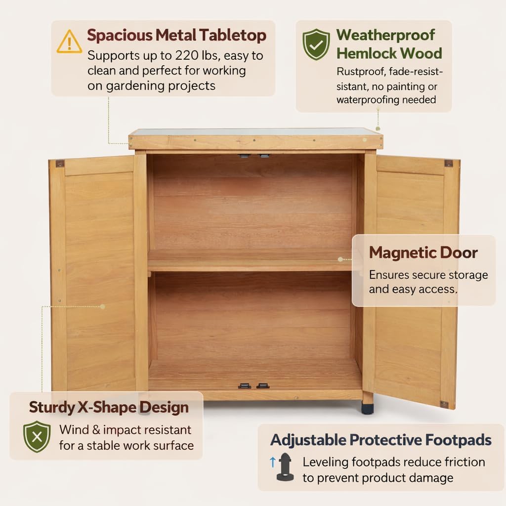 Potting Bench with Storage Cabinet & Metal Top, Solid Wood Hemlock Outdoor Work Station Table, X-Shape Sturdy Design, Magnetic Door, Gray/Light Brown, 31'x17'x36' (Light Brown)
