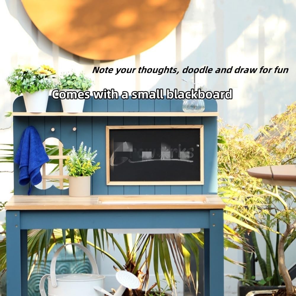 Outdoor Solid Wood Potting Bench, 2 Tier Potting Table with Sink and Hooks, Outdoor Potting Bench for Garden, Yard, Balcony, Garden Table with Tool Storage(Blue)