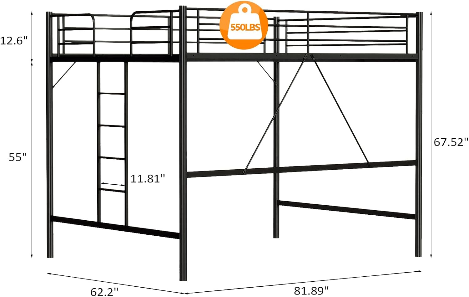 VINGLI Queen Loft Bed with Flat Rungs for Adults, Kids and Young Teens, No Box Spring Required,Heavy Duty Metal Slat Support, Black