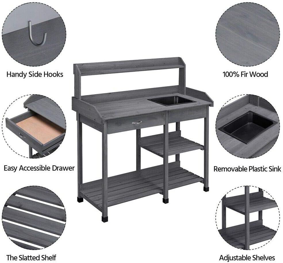 Potting Bench Table Garden Workbench Greenhouse Plastic Sink Indoor Outdoor Easy Assemble Balcony Elegant Wooden Work Planting Drawer Patio Furniture Hook Lawn Gardening Care Shelf Tools Hanging Towel
