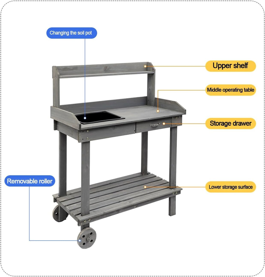 Outdoor Potting Bench Table,Potting Bench Table,Wooden Gardening Plant Workstation,w/Wheels and Drawer Open Shelf,for Outside Patio Lawn Garden,