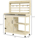 Farmhouse Outdoor Potting Bench with Storage Cabinet and Sink, Wooden Gardening Workstation with Shelves Tool Hooks and Metal Tabletop for Patio Yard or Garden Natural