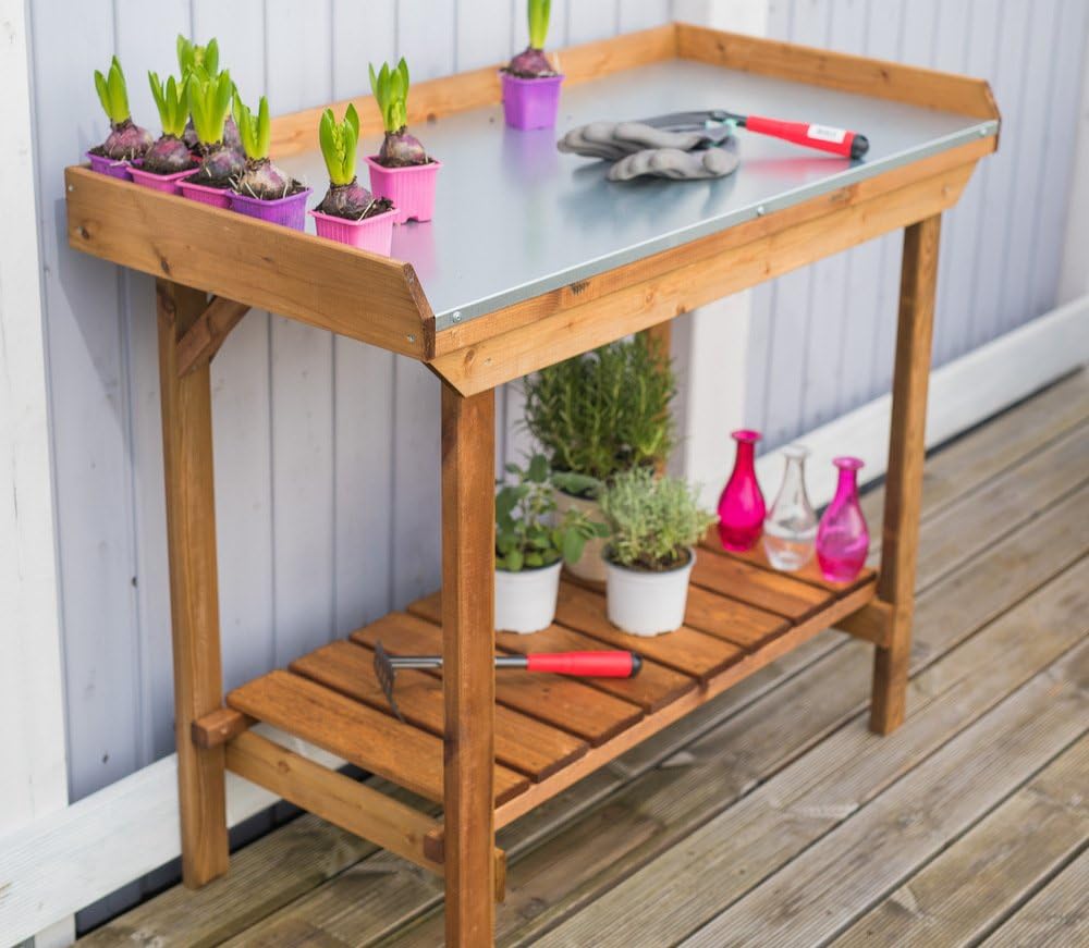 Gardeners Table with Tin Surface – Outdoor Potting Table with Metal Top, Gardening Workstation for Planting, Potting & Yard Tasks