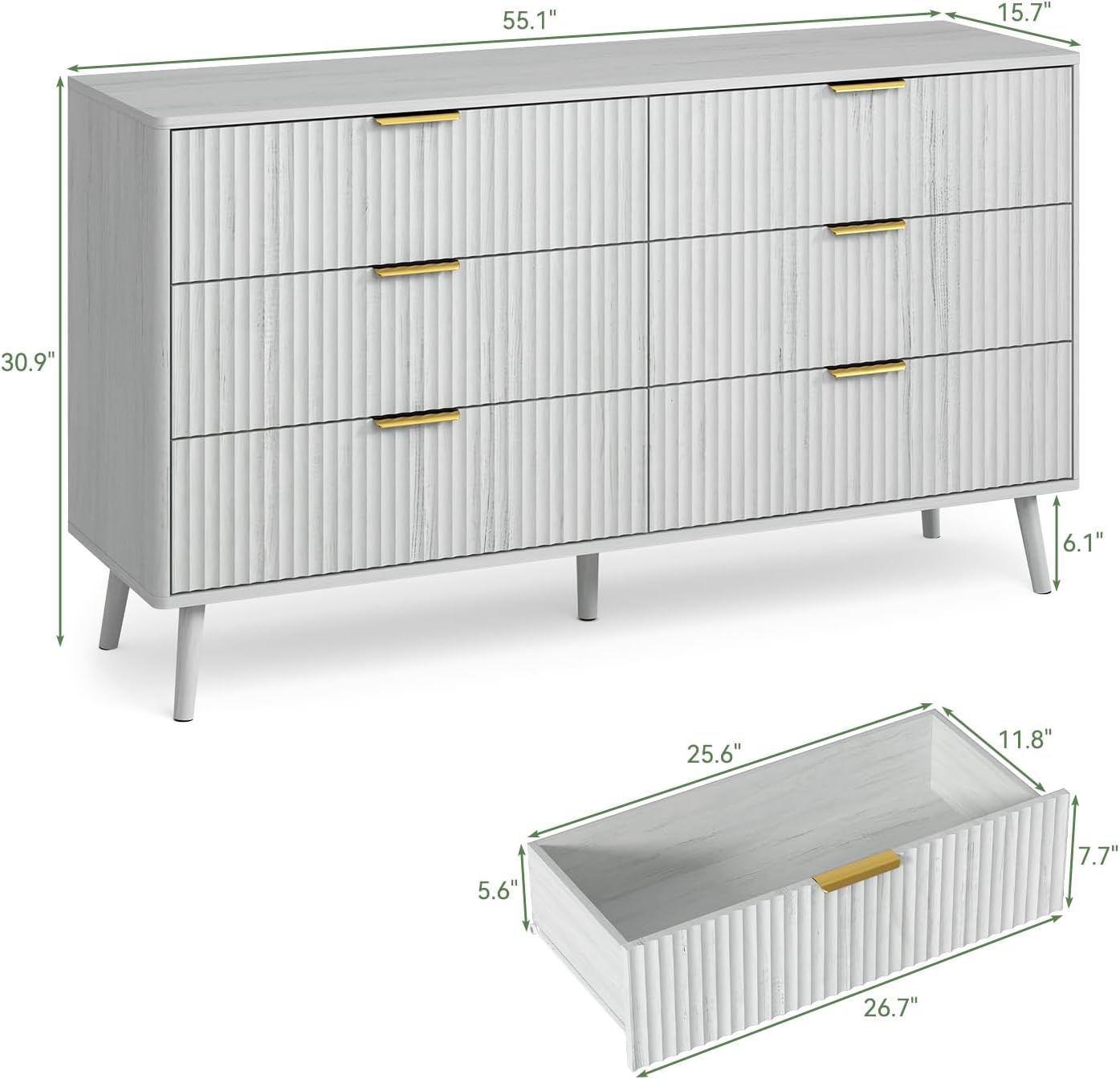 LYNSOM 55' Wide Fluted Dresser for Bedroom with 6 Drawer, Modern Chest of Drawers with Curved Profile Design and Metal Handles, Wood Dresser TV Stand & Storage Organizer for Living Room, White