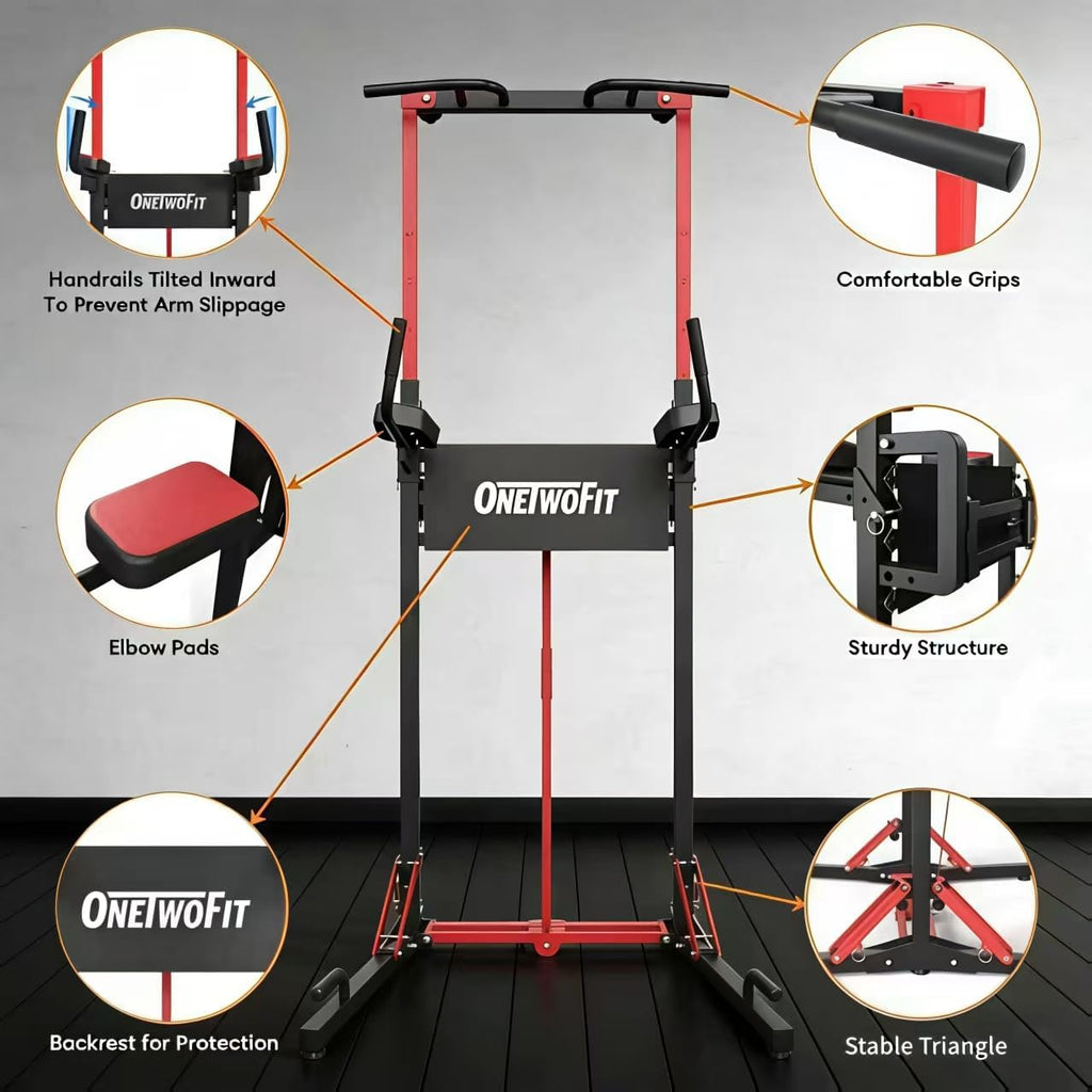 ONETWOFIT Foldable Power Tower Pull Up Bar Station, Multi-Function Adjustable Height Pull Up Dip Station for Gym Workout, Strength Training Fitness Equipment, Pull Up Stand Pro 400LBS/Pro Max 600LBS
