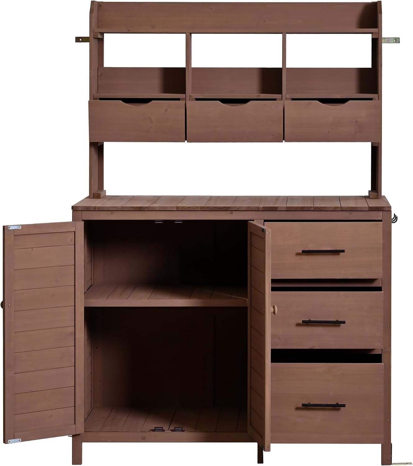 Roomfitters Garden Potting Bench with Storage Hutch, Outdoor Potting Table with 6 Drawers and Cabinets, Shelves, Brown