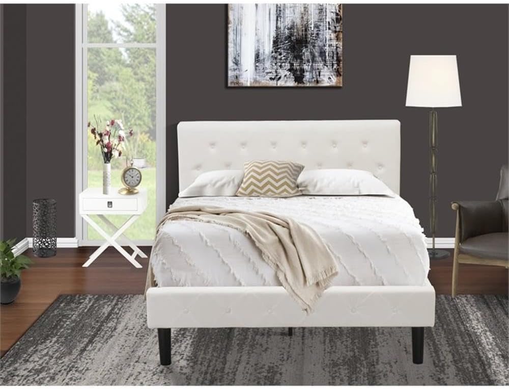 East West Furniture NL19F-1HA05 2 Piece Modern Bedroom Set - Full Size Button Tufted Bed - Linen white Velvet Fabric Upholstered Headboard and a Linen white Finish Nightstand