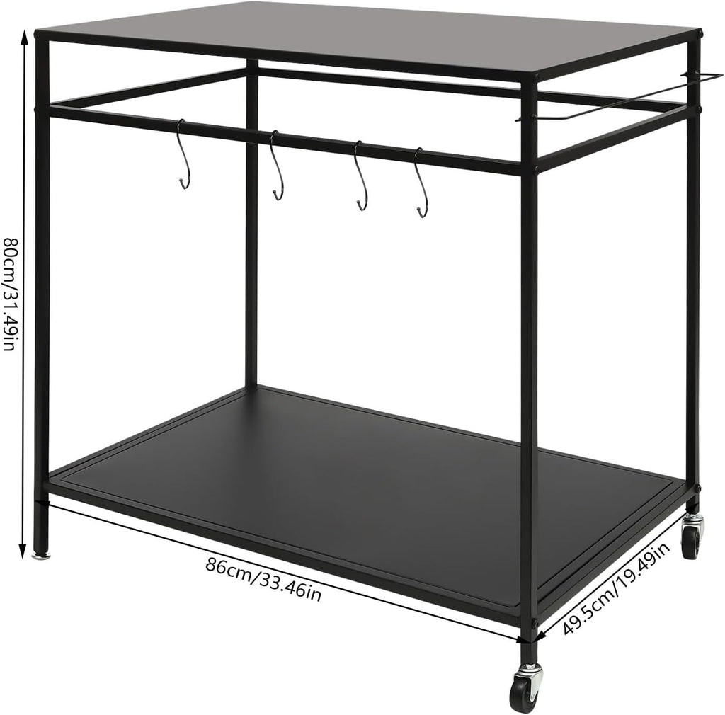 Grill Cart, 2Tier Stainless Steel Movable Food Prep Table, Black | Double Wide Shelves 4 Hanging Hooks Maximize Outdoor Cooking Storage Room