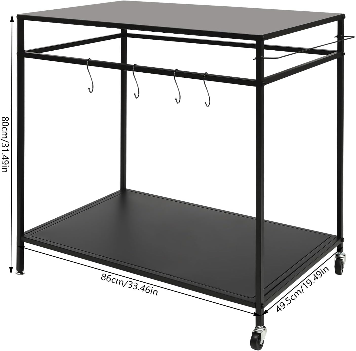 Grill Cart, 2Tier Stainless Steel Movable Food Prep Table, Black | Double Wide Shelves 4 Hanging Hooks Maximize Outdoor Cooking Storage Room