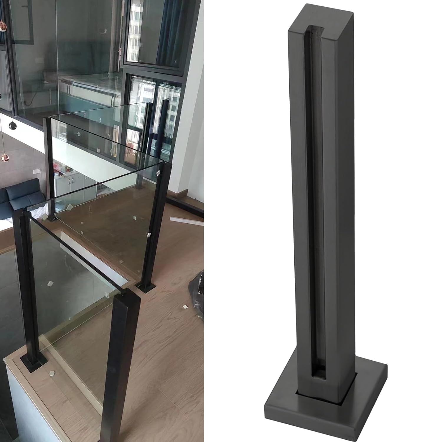 Staircase Handrails Stair Railing Glass Guardrail Standoff Panel Balustrade Post Black, Steps Platform Railing Pole with Slot, Interior Exterior Garden Loft Patio Balcony Pool(Deep Coffee,145cm/57inch