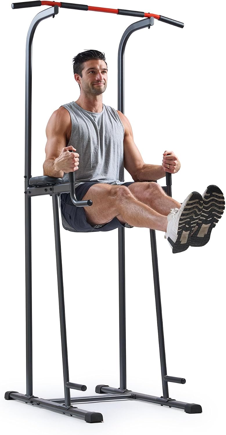 Sunny Health & Fitness Power Tower Dip Station & Pull-Up Bar, Multi-Function Strength Training Equipment with Captain's Chair, Push-Up Bars & Core Workout for Home Gym