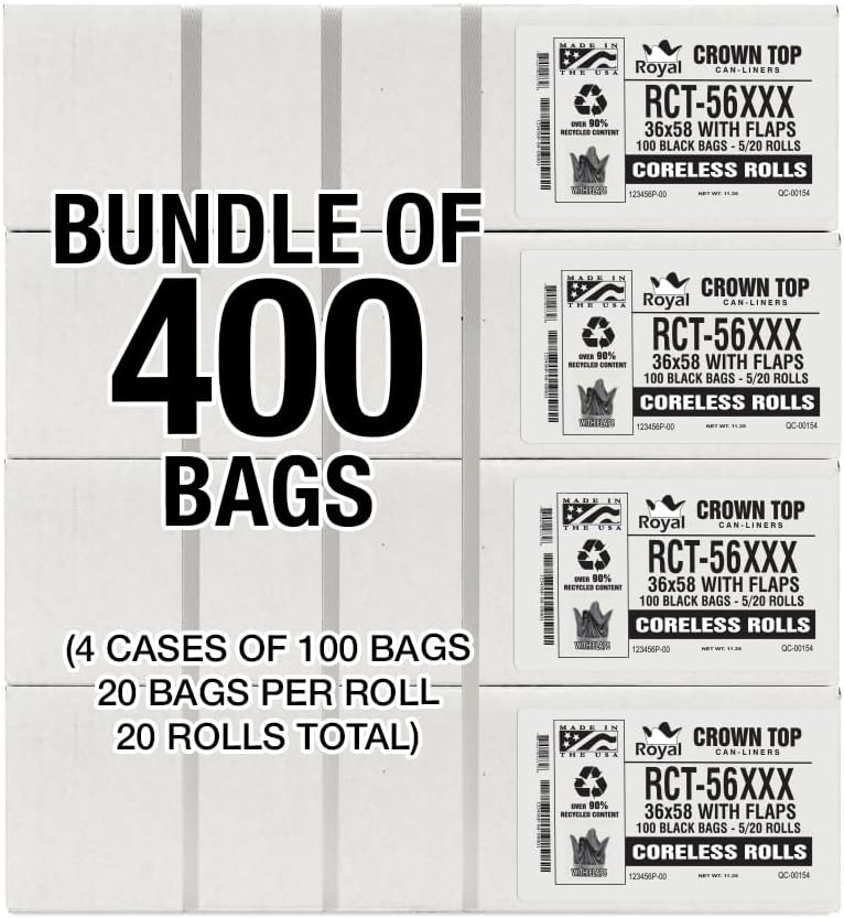 Heavy Duty 56 Gallon Trash Bags - (Huge 400 Pack/w Flap Ties) - 2.0 MIL (Equivalent) 43' x 46' Star Sealed Bottom Thick Garbage Bags for Contractors, Lawn, Leaf, Yard Waste, Commercial Kitchen