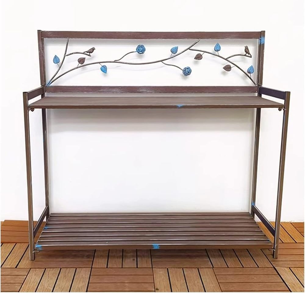 Outdoor Patio Metal Potting Table with 2- Tier Open Shelf, Potting Bench, Garden Work Station Table for Planting (Color:Brown)