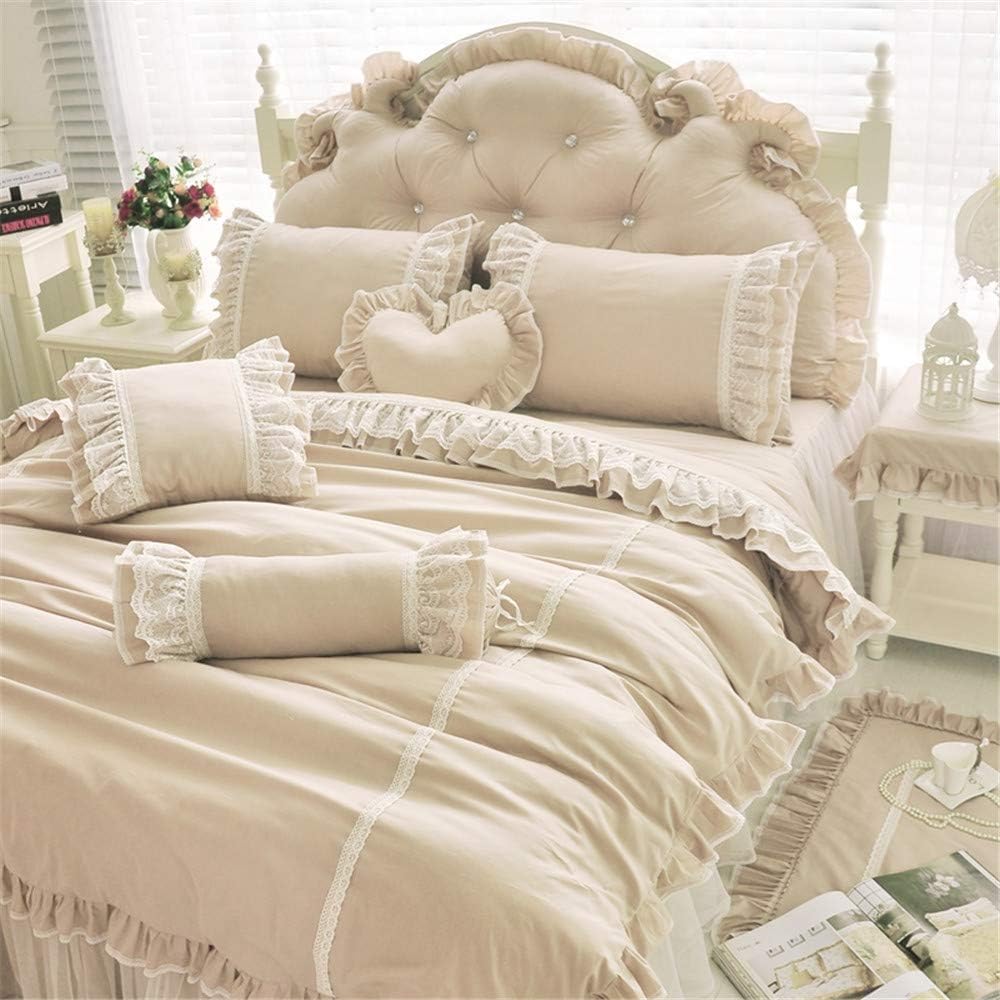 LELVA Chic Wrinkle Girls Bedding Solid Color Shabby Ruffle Duvet Cover Set Full Cotton 4 Piece Romantic Lace Design Bed Skirt Khaki