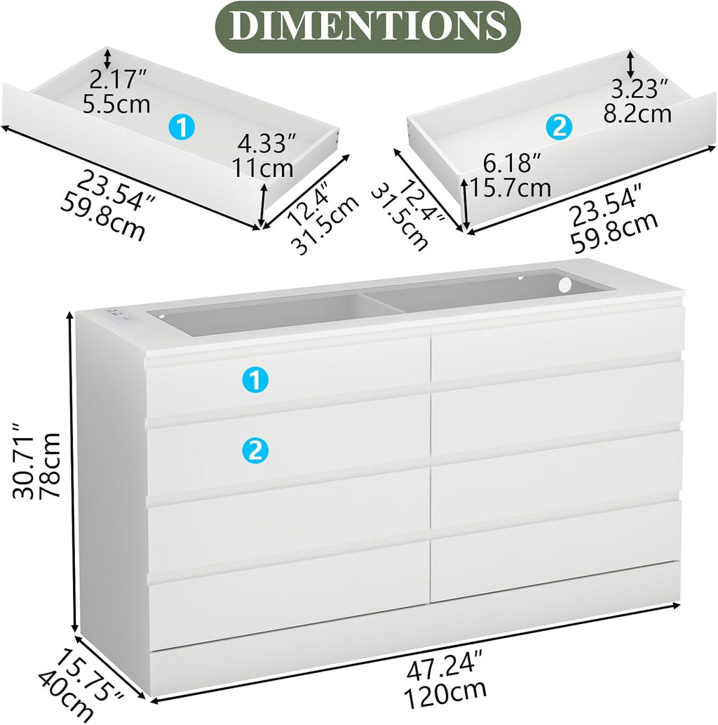 Gyfimoie 8 Drawer Dresser with Power Outlet, White Dresser for Bedroom Chest of Drawer with Glass Top & LED Light, Modern Double Wide Drawer Organizer Cabinet for Living Room (White)