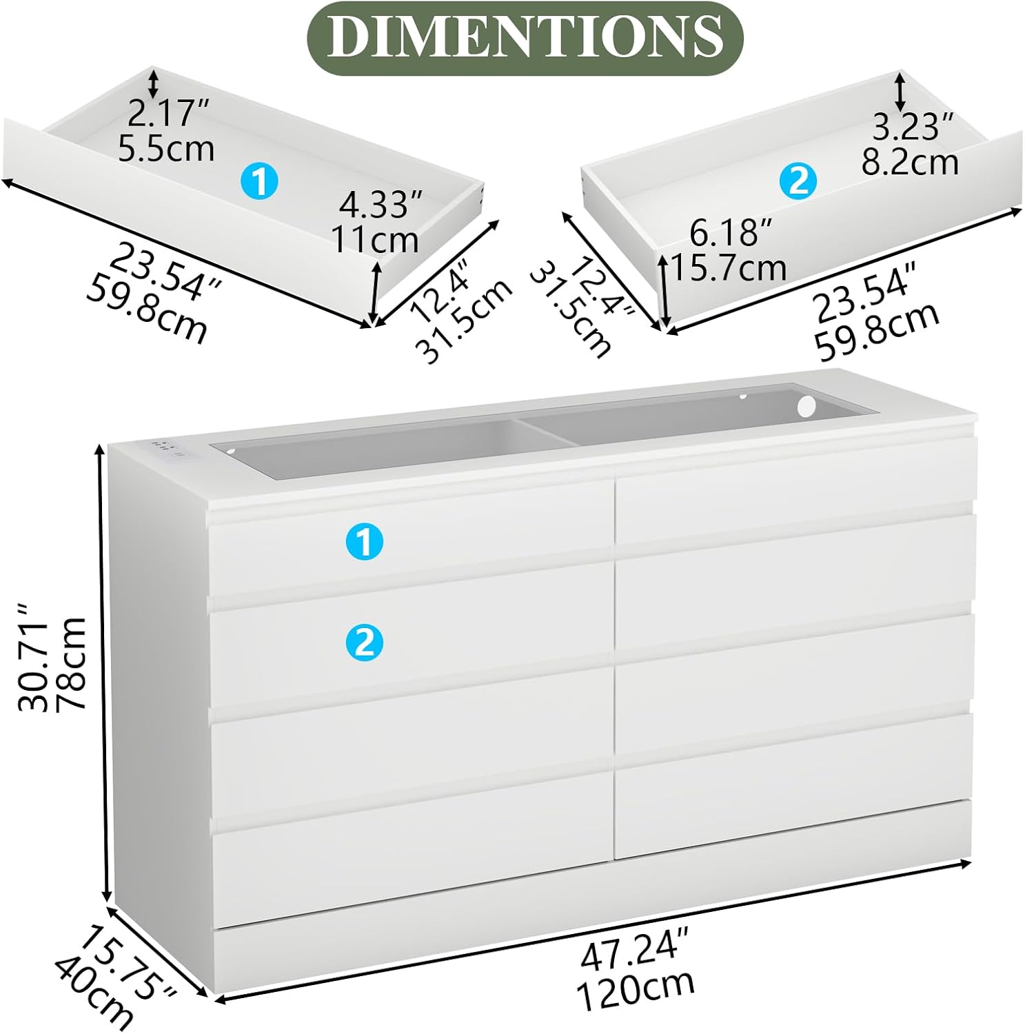 Gyfimoie 8 Drawer Dresser with Power Outlet, White Dresser for Bedroom Chest of Drawer with Glass Top & LED Light, Modern Double Wide Drawer Organizer Cabinet for Living Room (White)