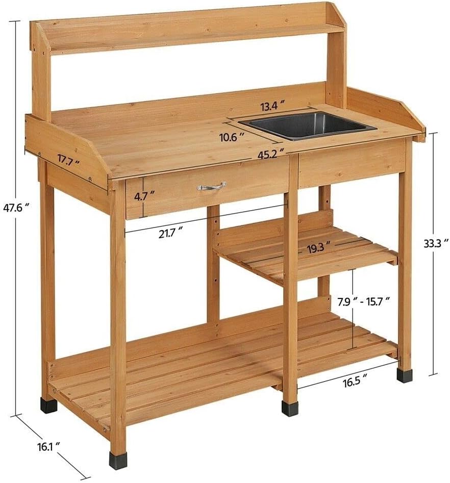 Potting Bench Table Patio Outdoor Garden Work Station Planting Shelf Sink Drawer Solid Wood Construction, Deck, Balcony anXella (Color : B)