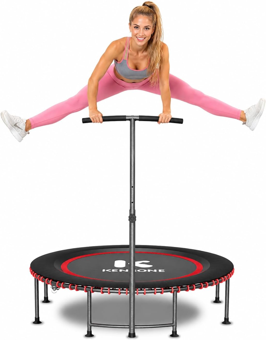 K KENSONE 40/48' Low-Impact Rebounder Trampoline for Adults with Bungee, 450/550LBS Quiet Mini Exercise Trampoline with Adjustable U/T-Shaped Foam Handle Bar, Fitness Equipment for Indoor/Gym Workout