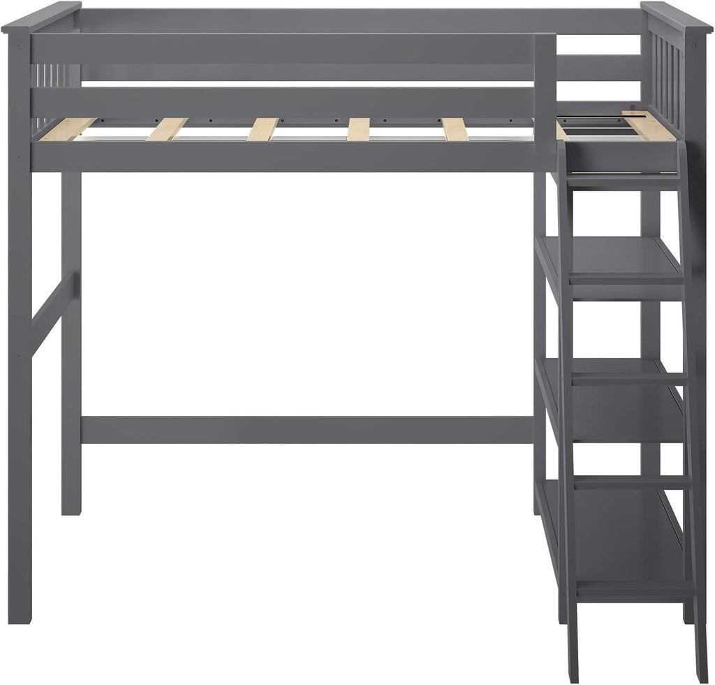 Max & Lily High Loft Bed, Twin Bed Frame For Kids With Bookcase, Grey