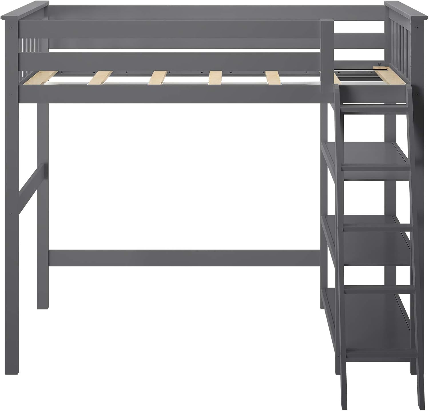 Max & Lily High Loft Bed, Twin Bed Frame For Kids With Bookcase, Grey