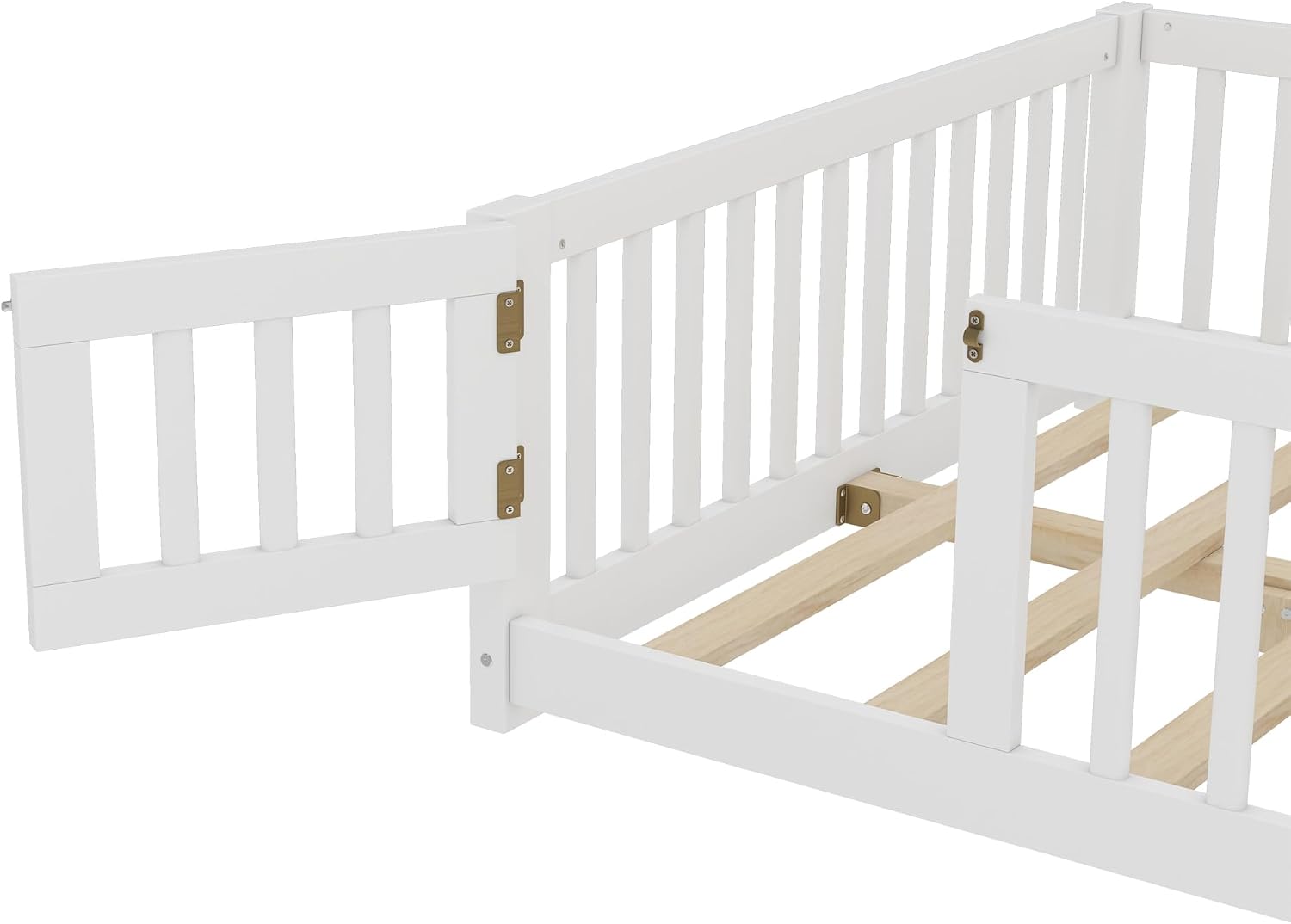 Full Size Floor Bed with Door and Fence for Kids, Montessori Floor Bed with Slats and Safety Guardrails,Solid Wood Full Bed Frame for Girls Boys(Full,White)