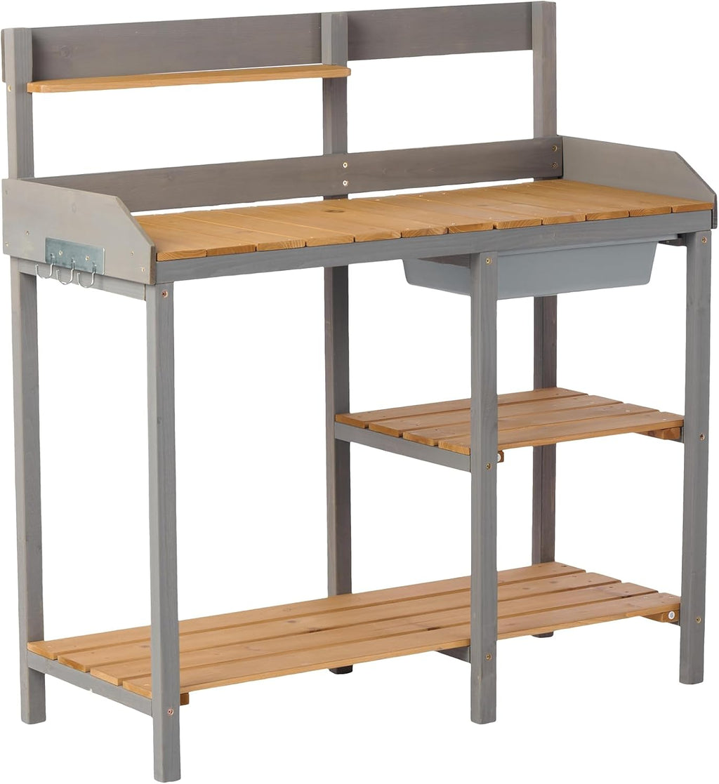 Outdoor Potting Bench, Wooden Workstation Table with Cabinet for Backyard GSupplies