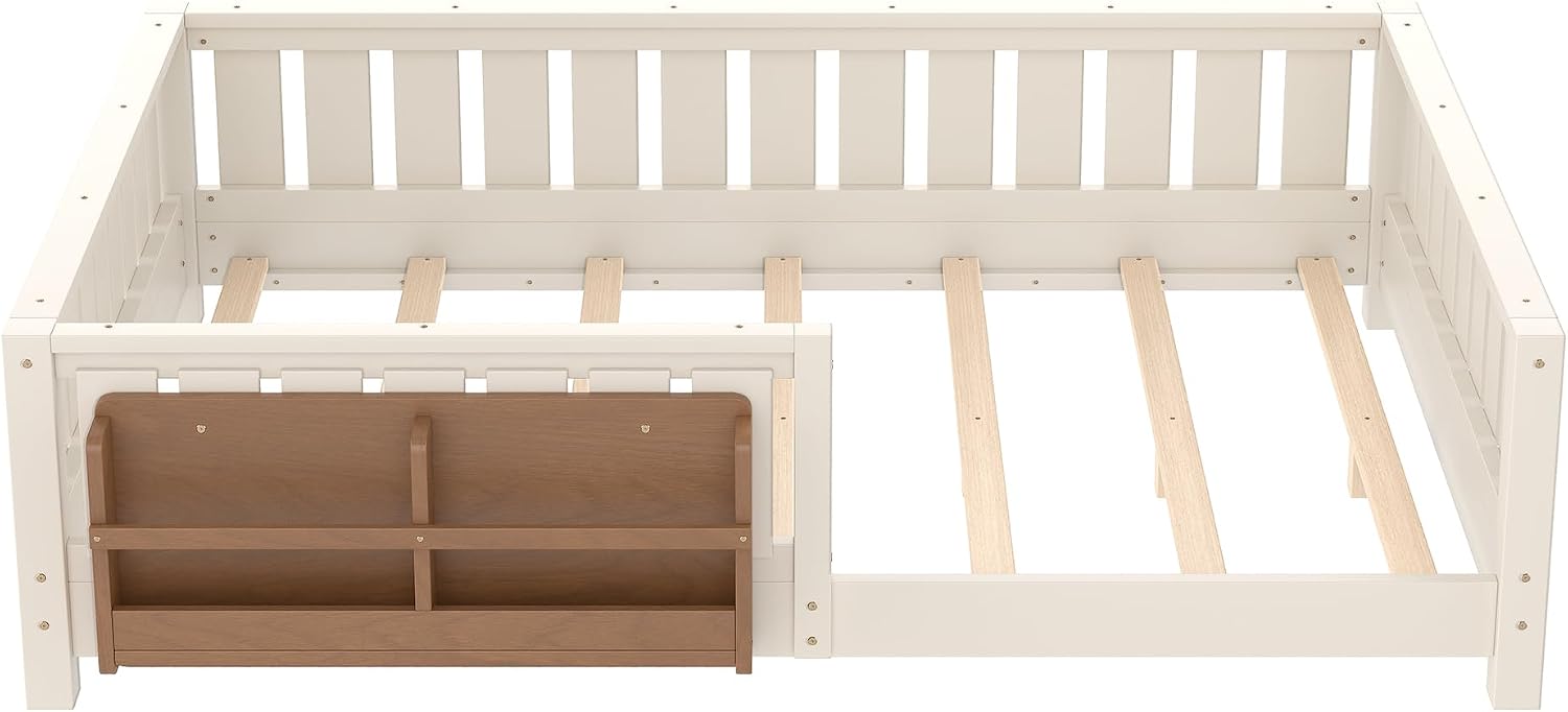 Bellemave Full Size Floor Bed with Slats and Safety Guardrail, Beige