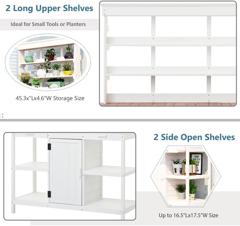 Sturdy Farmhouse-Style Wooden Potting Bench for Outdoor Gardening, Spacious Work Surface with Storage Shelves, Drawers and Cabinet (White + Solid Wood + Wood)