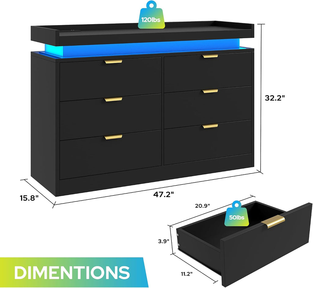 knoworld 6 Drawer Dresser for Bedroom, Black Dresser with LED Lights and Power Outlet, Large Wooden Dressers Modern Chest of Drawers, Double Wide 6 Drawer Dressers for Bedroom, Entryway, Hallway