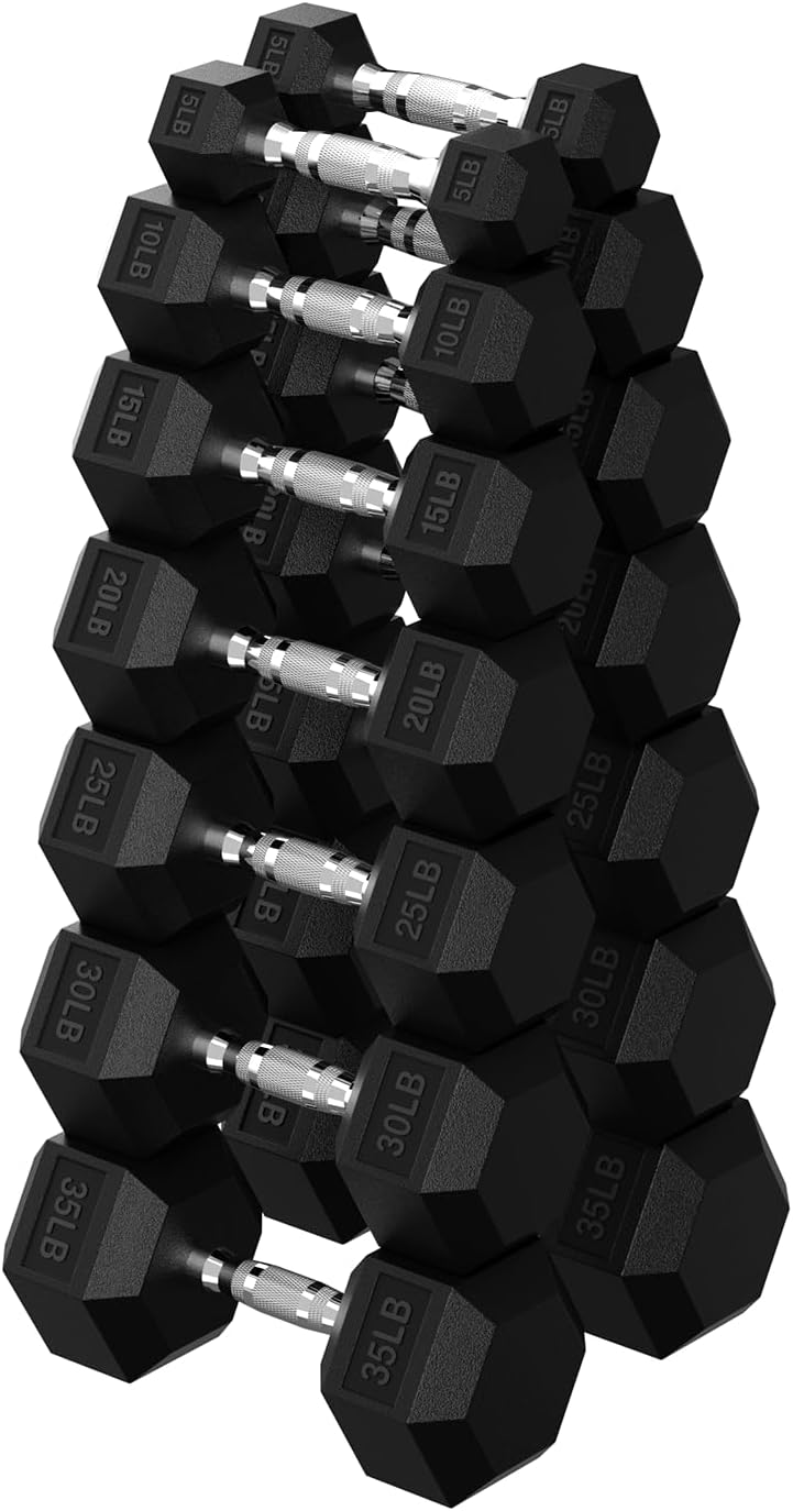 HANDBODE Hex Dumbbell 45-640 lb Set, Rubber Encased Exercise & Fitness Dumbbells for Home Gym, Hand Weights for Strength Training