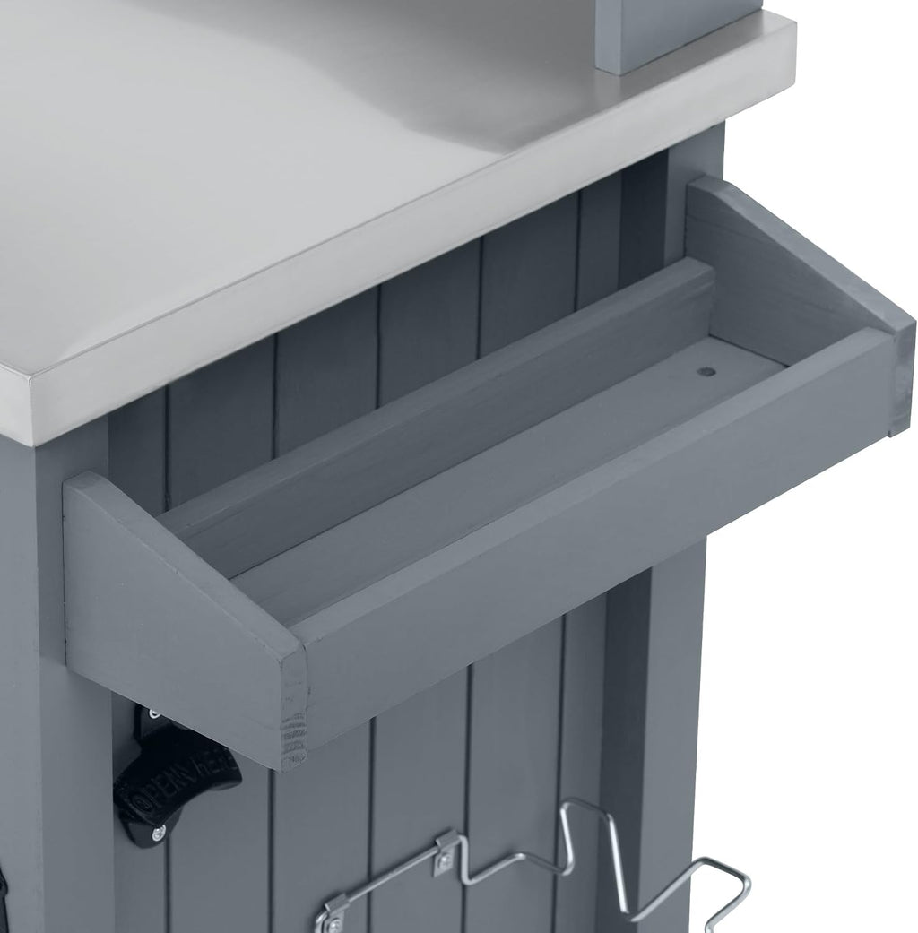 K&K 54.1' Outdoor Kitchen Island, Solid Wood Grill Cart with Stainless Steel Top, High Shelf, Storage Cabinet & Lockable Wheels, Outdoor Potting Bench Table for BBQ Garden, Grey/Blue, Grey+Blue