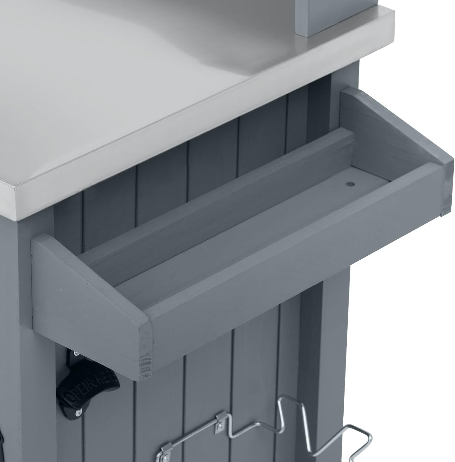 K&K 54.1' Outdoor Kitchen Island, Solid Wood Grill Cart with Stainless Steel Top, High Shelf, Storage Cabinet & Lockable Wheels, Outdoor Potting Bench Table for BBQ Garden, Grey/Blue, Grey+Blue