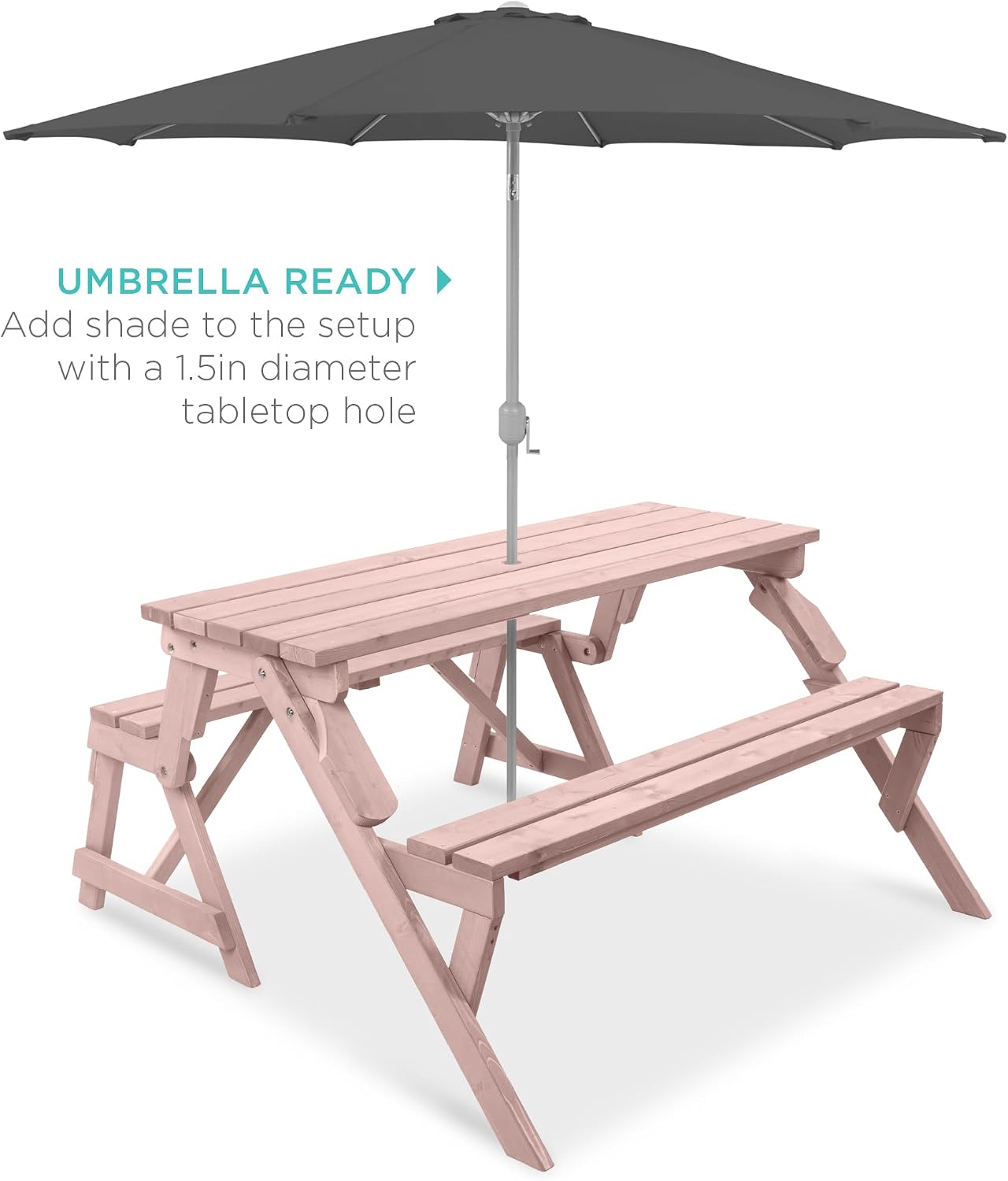 Best Choice Products 2-in-1 Transforming Interchangeable Outdoor Wooden Picnic Table Garden Bench for Backyard, Porch, Patio, Deck w/Umbrella Hole - Pink