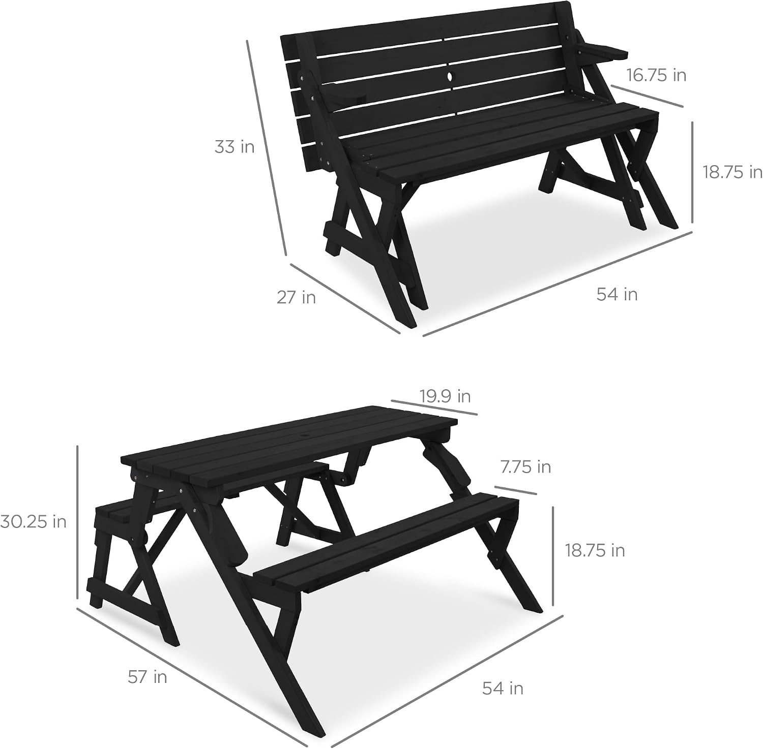 Best Choice Products 2-in-1 Transforming Interchangeable Outdoor Wooden Picnic Table Garden Bench for Backyard, Porch, Patio, Deck w/Umbrella Hole - Black