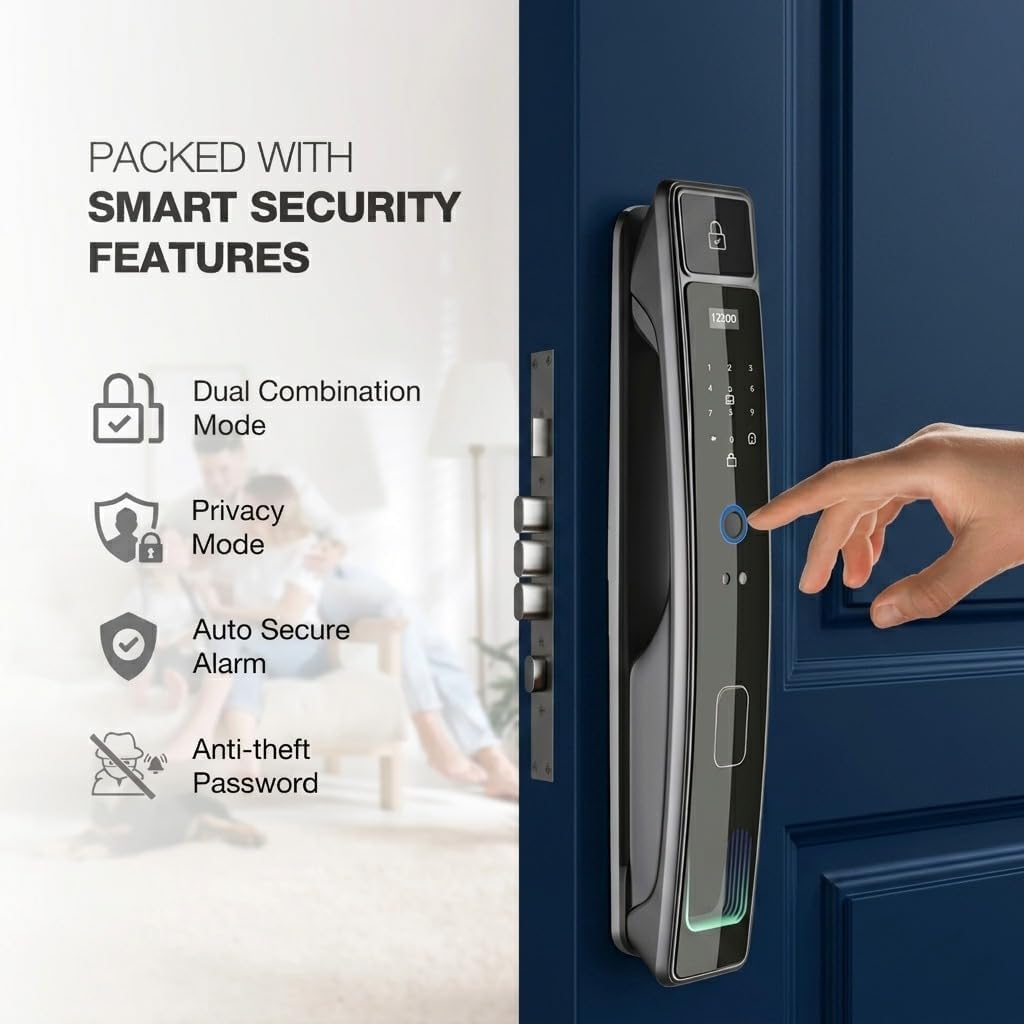 Smart Door Lock with Camera & 3D Face Recognition, Keyless Entry Door Lock with Fingerprint, Password, IC Card, App Control & Doorbell, Secure Mortise Lock for Front Door (Usmart App)