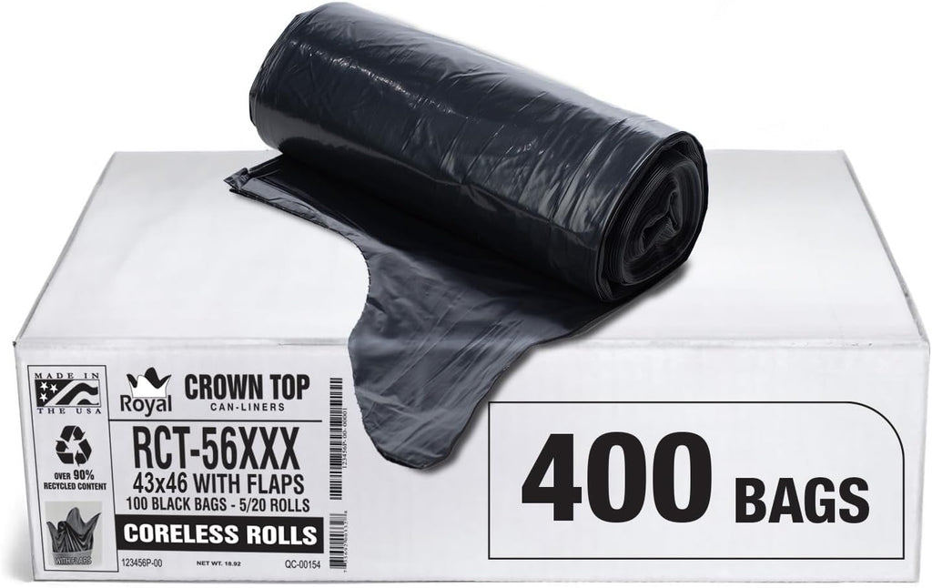 Heavy Duty 56 Gallon Trash Bags - (Huge 400 Pack/w Flap Ties) - 2.0 MIL (Equivalent) 43' x 46' Star Sealed Bottom Thick Garbage Bags for Contractors, Lawn, Leaf, Yard Waste, Commercial Kitchen