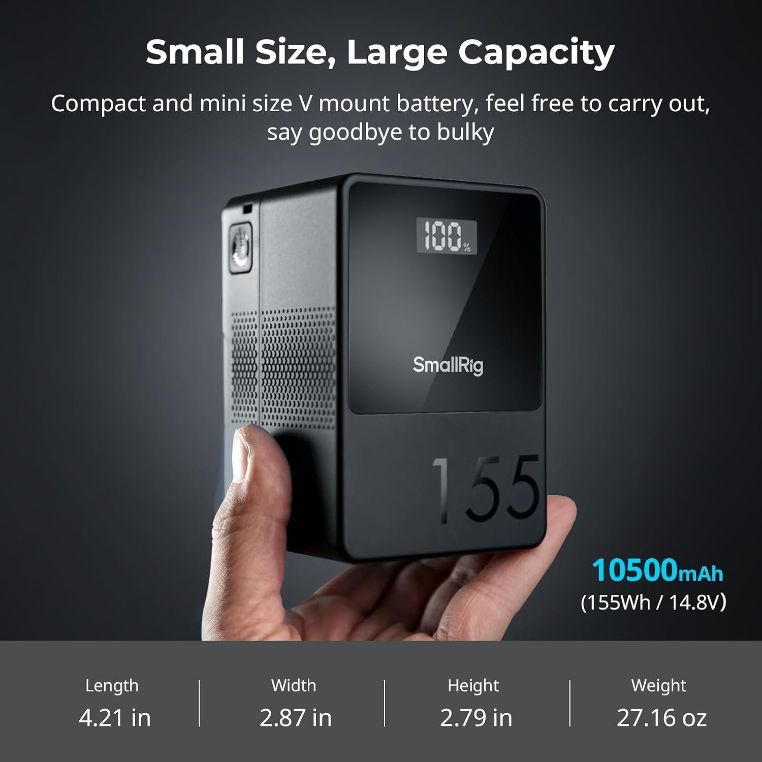 SMALLRIG V Mount Battery VB155, 155Wh / 10500mAh V Mount Battery with 100W Output, 3H Full Charge, with USB-C, D-TAP, USB-A, Dual DC Ports, OLED Screen, for Camera, Camcorder, Monitor, Video Light