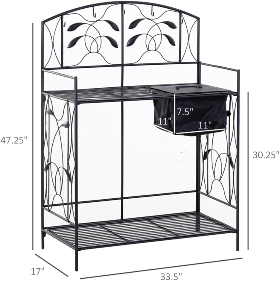 Folding Potting Bench Table, Metal Garden Workstation, Work with Large Build-in Bag with Cover， 5 Hanging Hooks