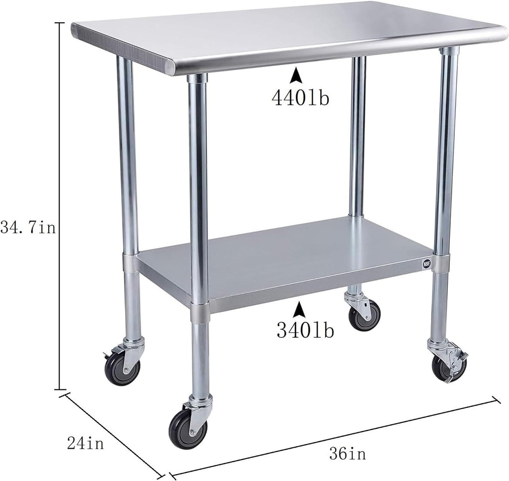 ROCKPOINT Stainless Steel Table for Prep & Work with Caster Wheels 24x36 Inches, NSF Metal Commercial Kitchen Heavy Duty Table with Adjustable Under Shelf and Table Foot for Restaurant, Home and Hotel