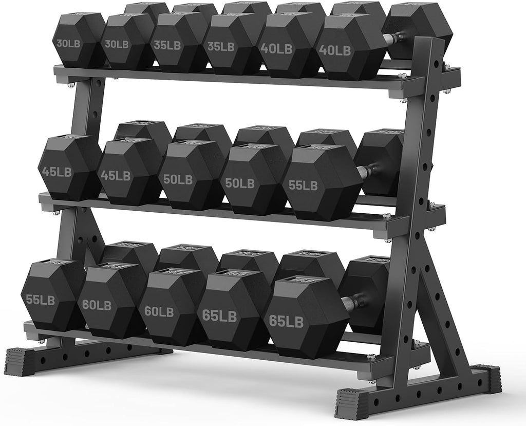 PAPABABE Hex Dumbbell Set with Rack, Rubber Encased Free Weight with Weight Storage Racks, Multiple Weight Options for Home Gym and Fitness