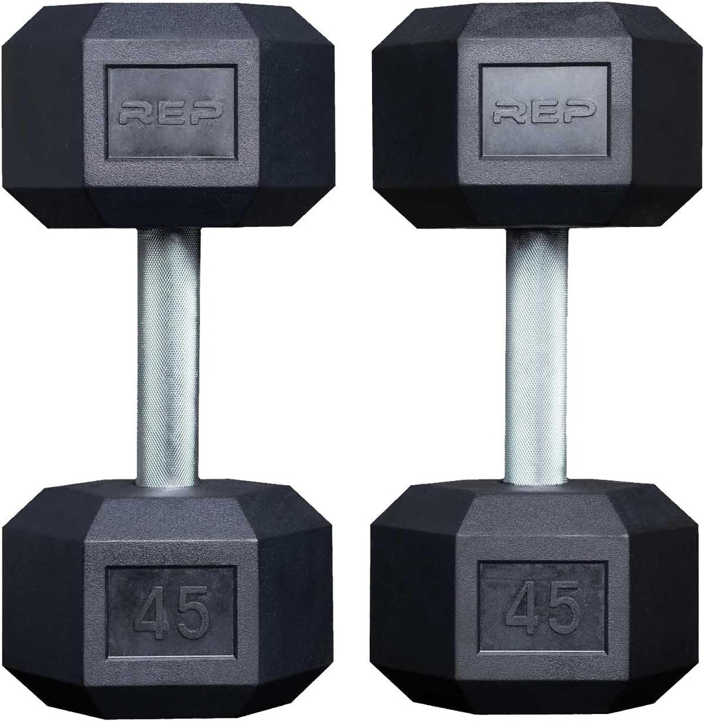 Rep Fitness Rubber Hex Dumbbell(s) - Singles (55LB +) and Pairs (5LB - 50LB) - Low Odor, Fully Knurled Handle