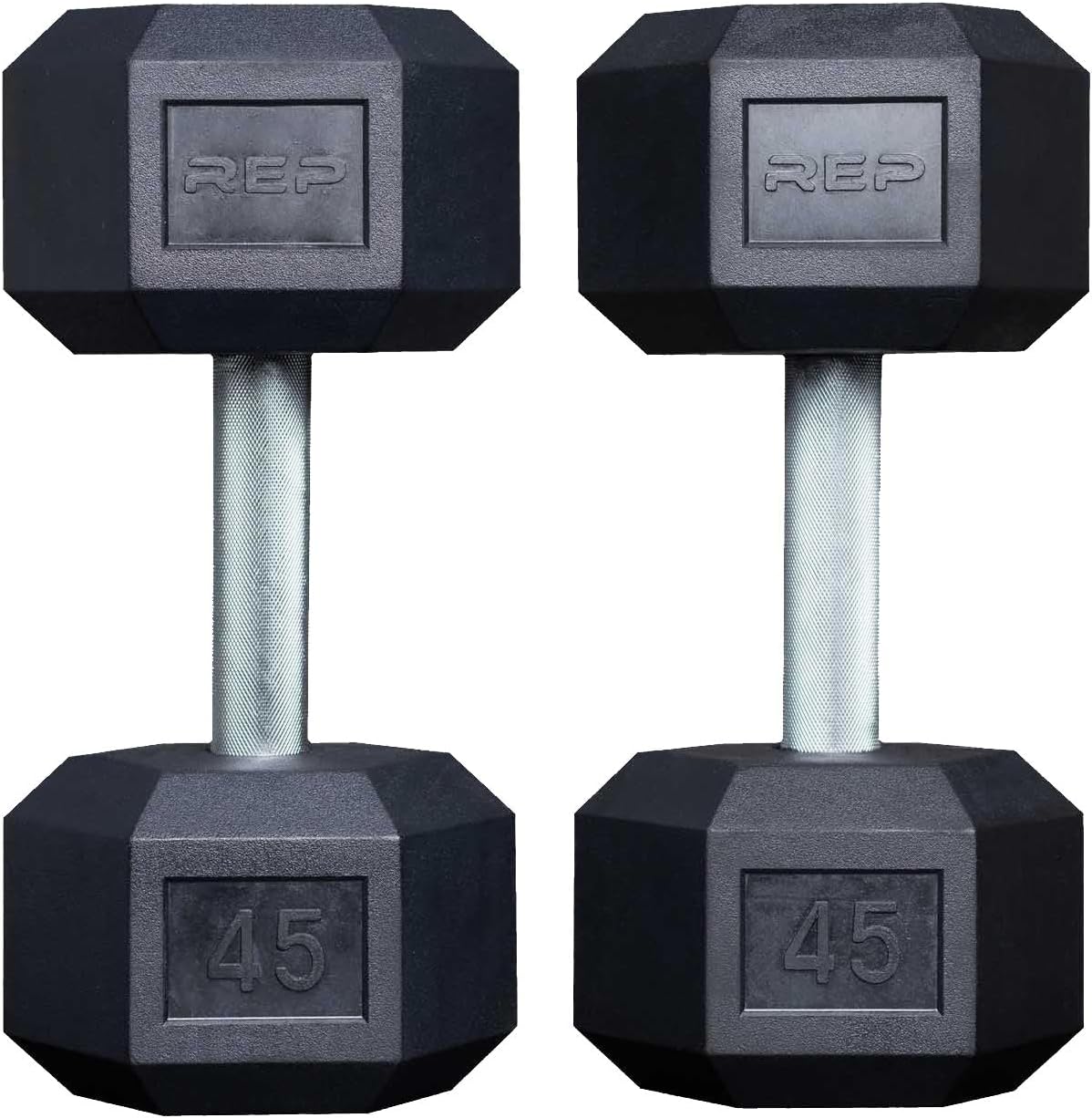 Rep Fitness Rubber Hex Dumbbell(s) - Singles (55LB +) and Pairs (5LB - 50LB) - Low Odor, Fully Knurled Handle