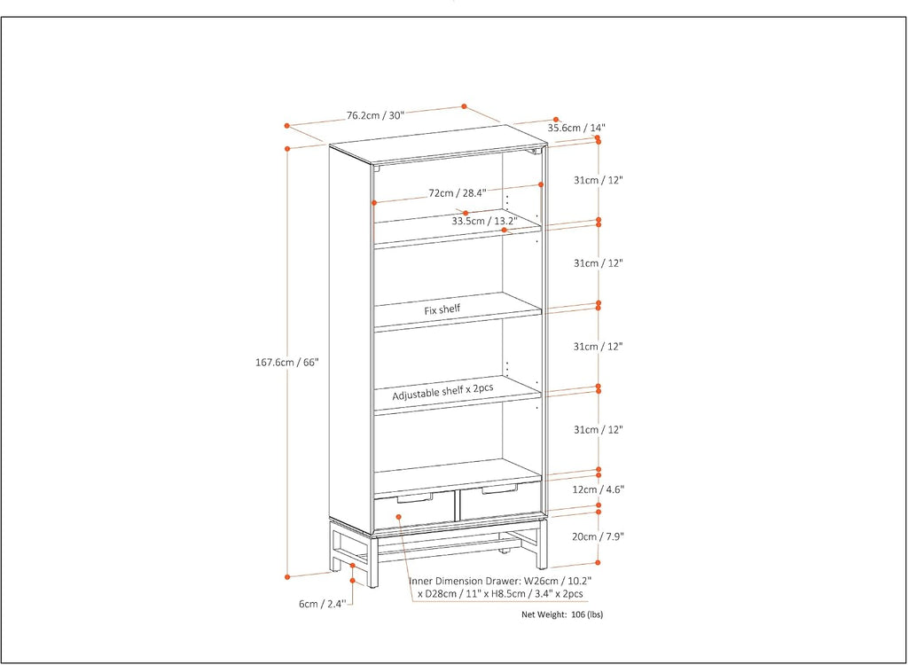SIMPLIHOME Banting Bookcase - 66 inch Tall Solid Walnut Veneer and Metal Bookshelf, Industrial Storage for Living Room, Study Room or Office with Open Shelves and Metal Frame