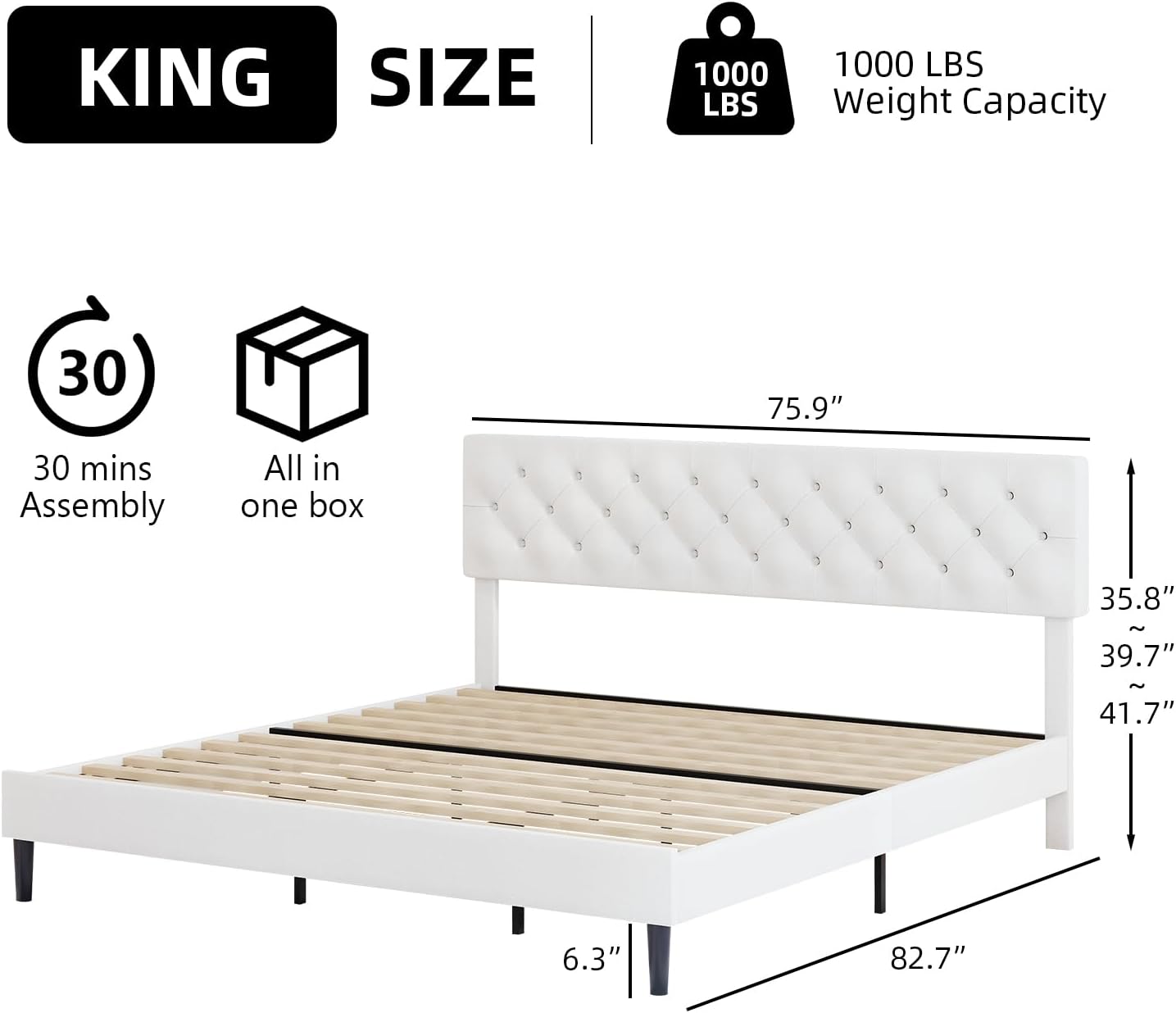 BarnFurin King Size Platform Bed Frame, Fabric Upholstered Bed with Button Tufted Headboard, Adjustable Headboard Design, Easy Assembly, No Box Spring Required, White