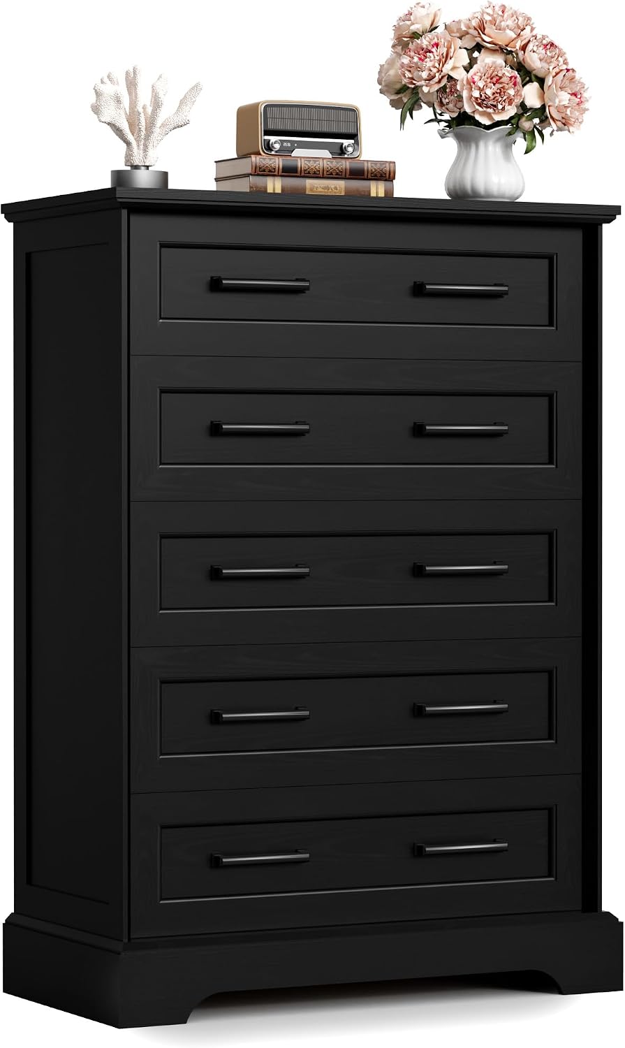 Furmax Farmhouse Dresser for Bedroom, 5 Drawers Dresser, Wood Chest of Drawers, 31.5' Wide Storage Dressers Organizer for Bedroom, Living Room (Black)