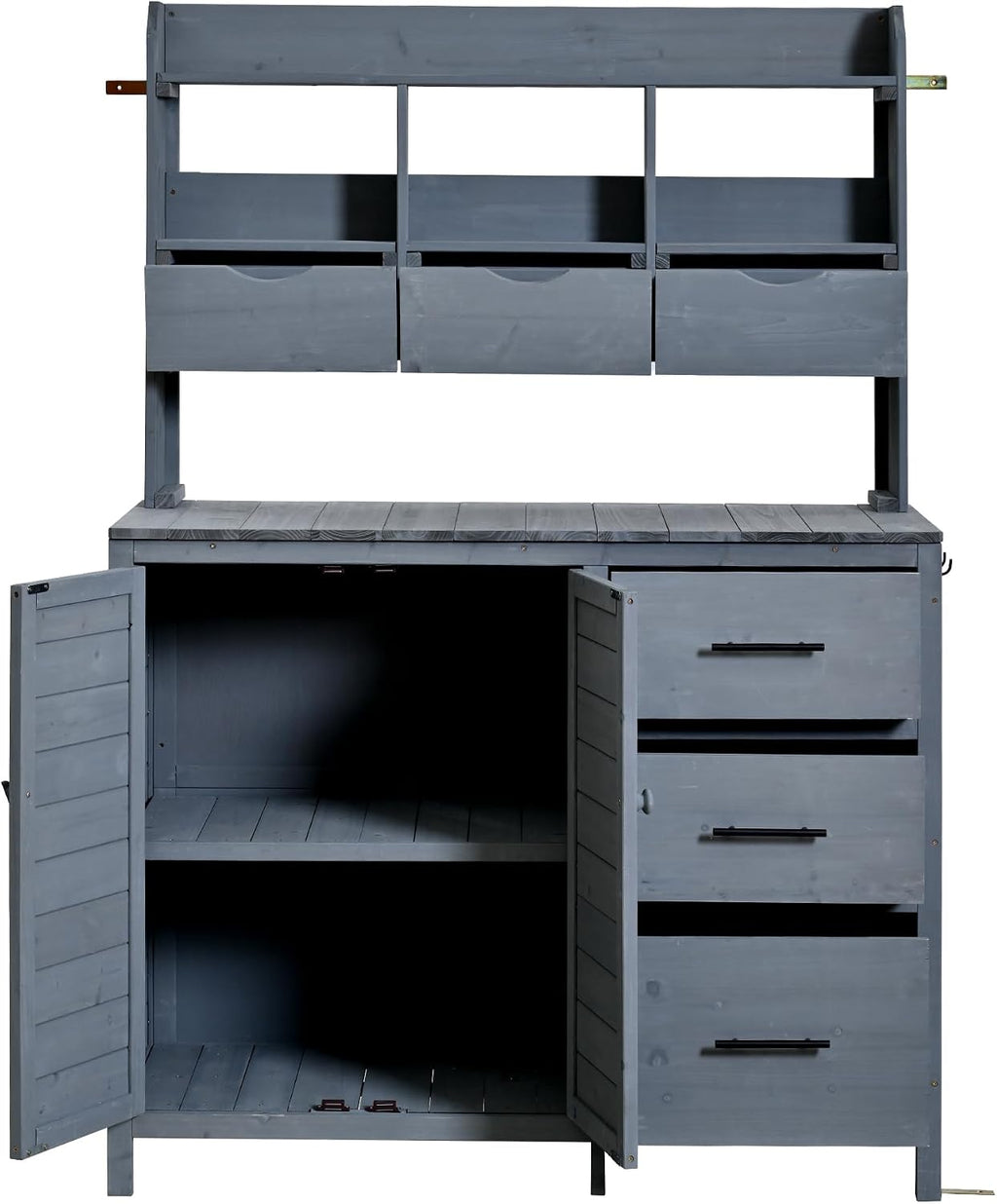 Roomfitters Garden Potting Bench with Storage Hutch, Outdoor Potting Table with 6 Drawers and Cabinets, Shelves, Gray
